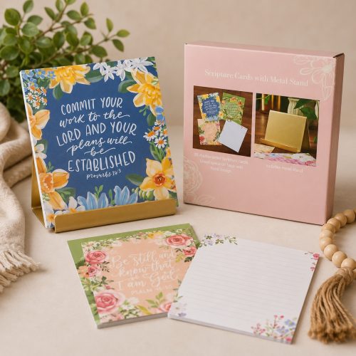 Tarjetas con versículos en inglés y stand metálico