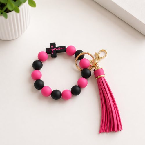 Llavero estilo pulsera, Jesus, fusia con negro
